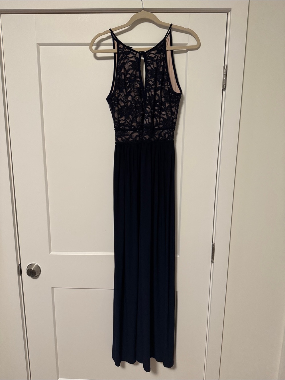 Navy Lace Bodice Maxi Dress with Sheer Detail
